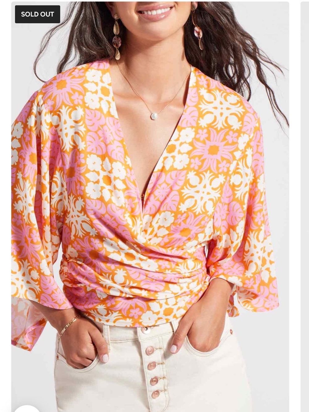 XIX PALMS x TRIBAL Floral Tie-Front Kimono Top, Size M